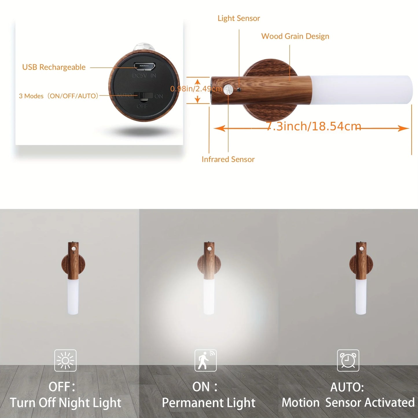 SANWAR WOODEN  RECHARGABLE MOTION SENSOR WALL LIGHT